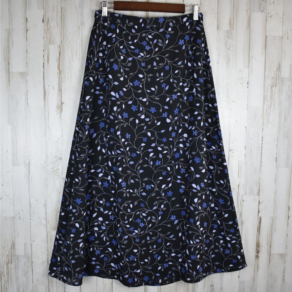 Vintage Floral Maxi Skirt Medium Black Blue Flowy 90s Dark Grunge Whimsigoth M - Picture 5 of 8